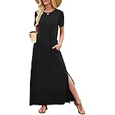 Women Summer Round Neck Fashion Short Sleeve Casual Long Dress Split Beach Maxi Dress with Pockets