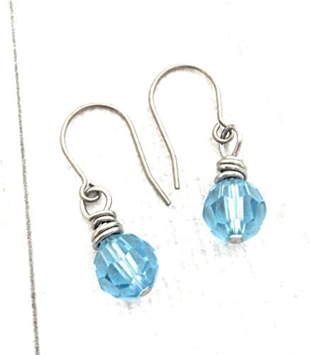 Wire Wrapped Earrings, Aqua Round Swarovski Crystal Element, Titanium Earwire