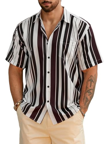 Hardaddy Men's Striped Shirts Casual Short Sleeve Button Down Summer Hawaiian Shirts Wine Red M at Amazon