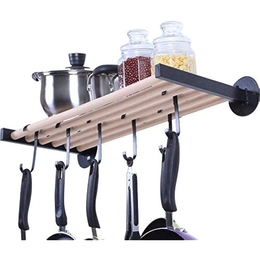 Pot Racks Wall Mounted Solid Wood Shelf With 6 Iron Hooks, Multipurpose