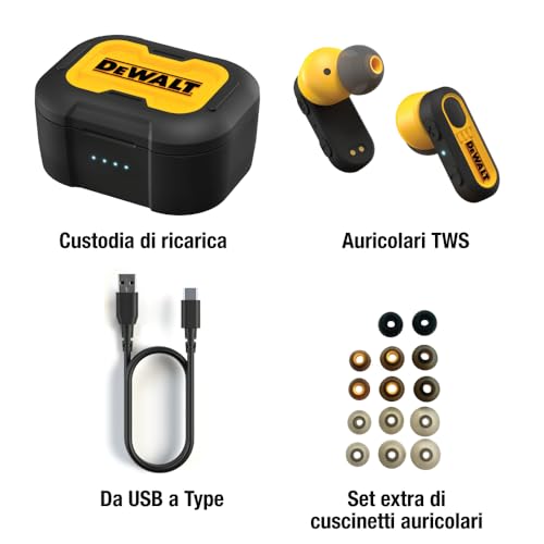 DEWALT True Wireless Bluetooth Earphones In-Ear Headphones with USB-C Charging Case, Up to 37 Hours Autonomy, Dust and Water Resistant IP56 Ideal for Work, Construction Site and Outdoor Use Yellow