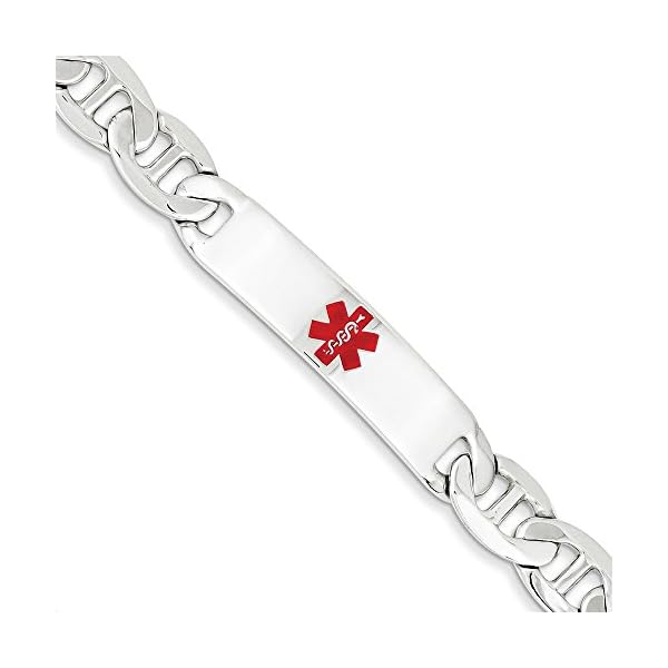 .925 Sterling Silver 10.00MM Red Enamel Medical Alert ID Anchor Link Bracelet 7.50 and 8.50 inches