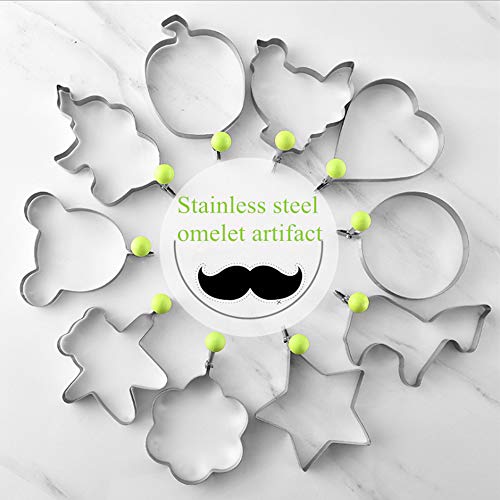 Egg Ring Pancake Mold 10 PCS Set ZOCONE DIY Creative Stainless Steel Cooking Mold Omelette Mold Set Non-Stick Hot Kitchen Cooking Omelette Model Egg Pancakes,with 2 Piece High Temperature Baking Barbe