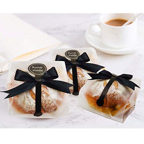 100 pack Translucent Plastic Bags with Stickers and Ribbons for Cookie,Cake,Chocolate,Candy,Snack Wrapping Good for Bakery Party - Thumbnail 4