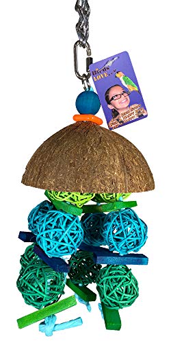 Birds LOVE Coconut Shell with Vineballs for Small to Medium Birds, Chewing Foraging Trimming Hanging Parrot Toy, Caique Small Macaw Eclectus