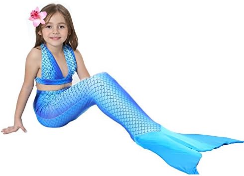 Wentas Girl's 3pcs Mermaid Tail Swimsuit Swimmable Bikini Set Swimwear Bathing Suit, Royal 150