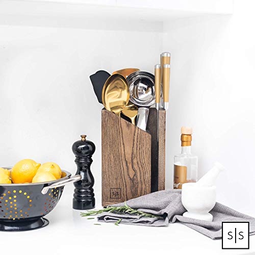Magnetic Knife Holder and Utensil Caddy 2 in 1, Brown, Dual Purpose Design - Universal Knife Block without Knives and Wood Utensil Holder with a Farmhouse Utensil Holder Style