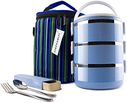 Stackables Blue Lunch Box | Container Bag with Utensil | Eco-Friendly | Biodegradable Wheat Straw Material | BPA Free | Thermos Bento Box | Food Prep Storage | Stainless Steel (Blue)