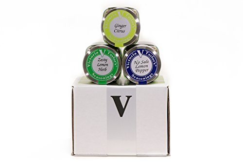 Lemon Love Collection - GINGER CITRUS, ZESTY LEMON, AND NO SALT LEMON PEPPER. For seasoning chicken, shrimp, fish, salads, and vegetables. VICTORIA TAYLOR'S BY VICTORIA GOURMET.
