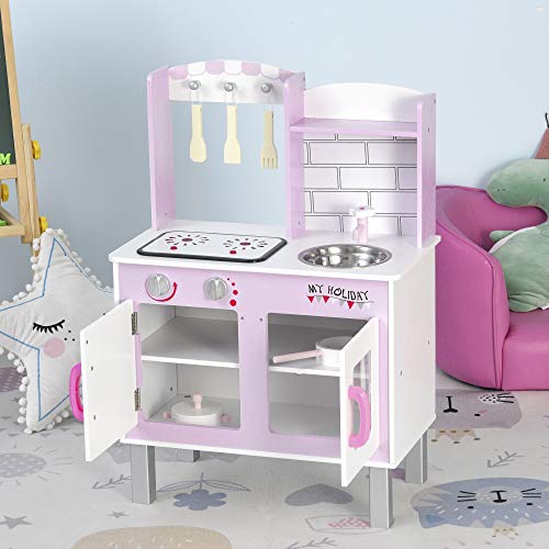 HOMCOM Kinderküche mit Zubehör Herde Spielzeugküche Spielküche Kinderküche Holz 3 Jahre+ Spielzeugküche für Kinder… – Bild 7