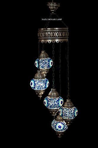 LaModaHomeAuthentic Tiffany Chandelier - Turkish Sultan Mosaic Lamp with 5 Globes for Living Room, Bedroom, Ceiling Lighting, Home Gift, Stained Glass, Colorful Shades, Corded - Blue & White