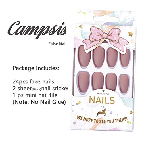 Campsis 24PCS Matte Fake Nails Pure Color Coffin False Nail Fashion Full Cover Acrylic Nail Art for Women and Girls (Nude Pink)