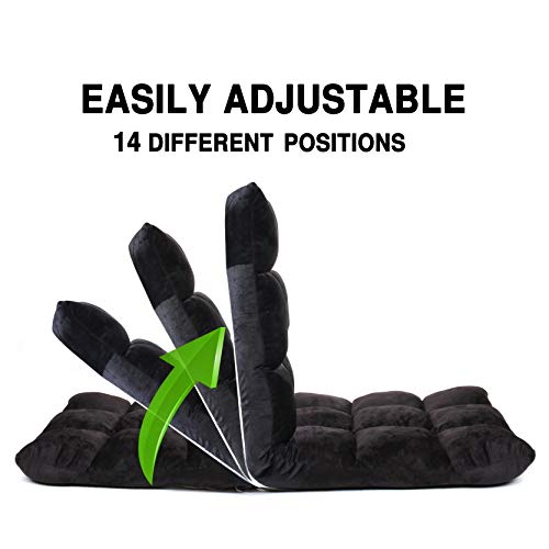 Gaming Floor Sofa Adjustable Chair for Adults & Kids - Comfortable Foam Seat & Removable Lounger Cover - Transformable Folding Sleeper Lounge Features 14 Reclining Positions from Flat to 90°,(Black)