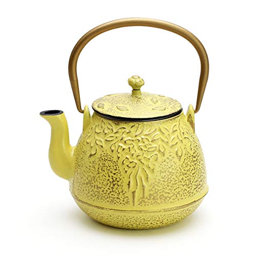 Tea Kettle, TOPTIER Japanese Cast Iron Teapot with Stainless Steel Infuser, Cast Iron Tea Kettle Stovetop Safe, Leaf Design Teapot Coated with Enameled Interior for 32 Ounce (950 ml), Yellow