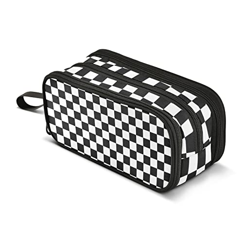 BOENLE Black White Checkered Pencil Case Box Boys Girls Large Pencil Pouch Zipper Compartments Big Capacity Stationery Pen Bag Organizer for Kids Teens Adults School