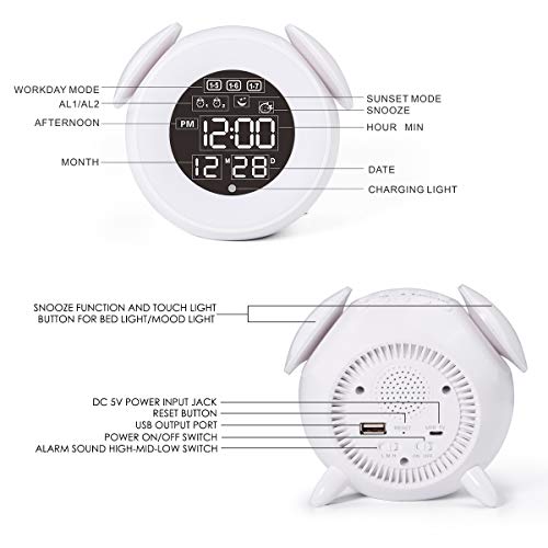 HOMVILLA Reloj Despertador, Despertador Infantil para Alarmas Dobles Luz de Despertador Luz de Noche Lámpara de Mesilla de Noche con Función de Control Táctil de Repetición 25 Sonidos Naturales Clock