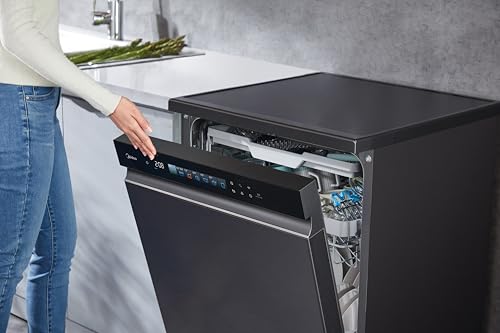 Midea Smart Freestanding Dishwasher With BLDC Motor, 15 Place Settings, 9 Programs, Wi-Fi, Turbo Speed, Power Wash & Auto Open Function, Silent & High Energy Efficient, Black - WQP15-WU7633GUR(BS)-GCC