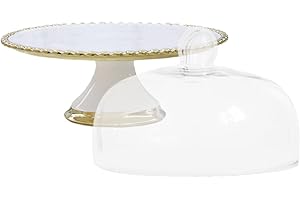 SUPVOX Ceramic Footed Cake Stand with Gold Rim and Glass Dome Cover, Round Porcelain Dessert Plate