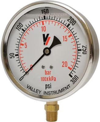 Valley Instrument Grade A 4in. Stem Mount Glycerin Filled Gauge - 0-300 PSI