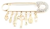 2 Pieces of Goldtone with Clear Iced Out Safety Pin Style with Dangling Hamsa Charms Brooch Pin Pendant