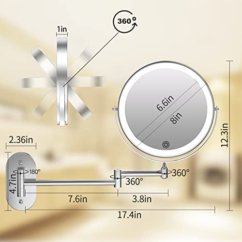 Rechargeable Wall Mounted Lighted Makeup Vanity Mirror 8 inch 1X/10X