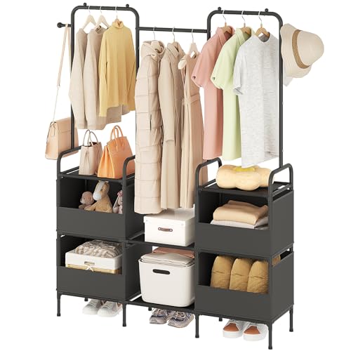 Photo 1 of Laiensia Clothes Rack,3 Rods Portable Clothing Hanging Garment Rack,Coat and Shoe Rack with 4 Storage Shelves and 4 Storage Pockets,for Bedroom,Entryway,Living Room,Black