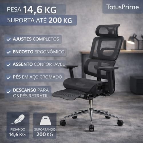 Cadeira Escritório Ergonômica Presidente XXL 200kg com Apoio para Pés Retrátil, Encosto Mesh Respirável, Apoio de Cabeça, Braços Ajustáveis, Reclinável e Base Cromada Premium Home Office (Preta)