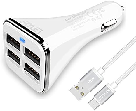 Car Charger Adapter, SKYLET 6.8A/34W USB 4 Port Universal Car Charger with 3ft Micro USB Cable for Samsung S7/S6, HTC M7/M8 (White+White Cable)
