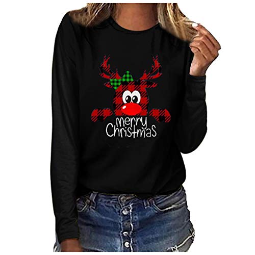 Merry Christmas Blouse T Shirt Womens Long Sleeve Letters Print O-Neck Casual Sweatshirt Tees Black
