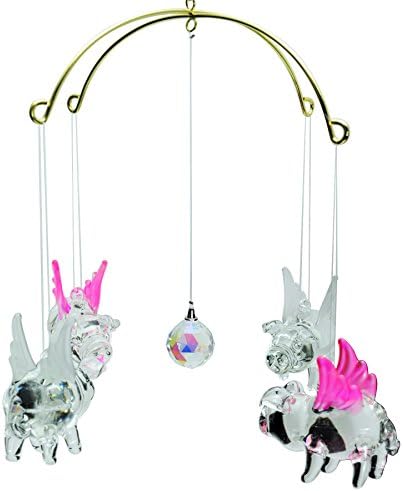 Crystal Castle Set of Hanging Glass Blown Flying Pig Figurine With Wings (Frost Pink and White)