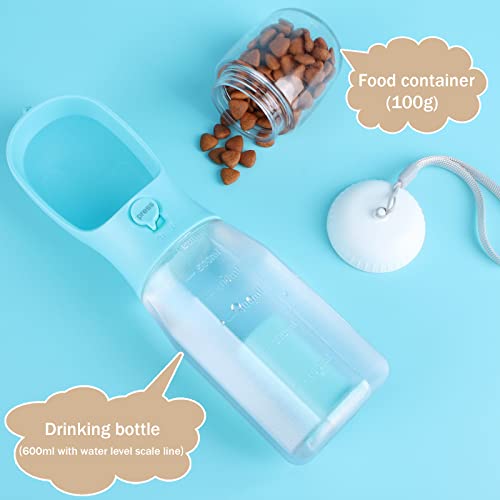 Zivacate Dog Water Bottle, 600 ml Travel Bottle for Dogs, Multifunctional Outdoor Water Dispenser for Dogs and Cats with 100 g Food Container and Poop Bag
