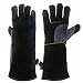 KIM YUAN Extreme Heat & Fire Resistant Gloves Leather with Kevlar Stitching,Mitts Perfect for Fireplace, Stove, Oven, Grill, Welding, BBQ, Mig, Pot Holder, Animal Handling, Black-Grey 14 inches