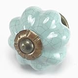 Blue Crackle Ceramic Knob, Kitchen Drawer Pulls, Handles Set/2pc ~ C39RL Hand Glazed Vintage Melon Style Knobs with Antique Brass Hardware for Dresser Drawers, Cabinets & Vanity