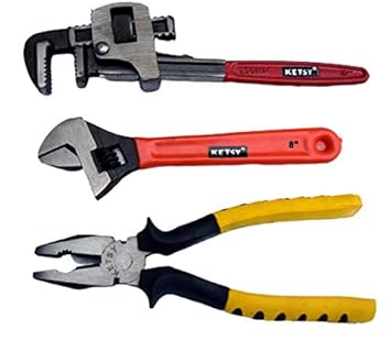 KETSY 848 Hand Tools KIT (Combination PLIER 8, Adjustable Wrench 8 RED DIP Insulation, Pipe Wrench 10)