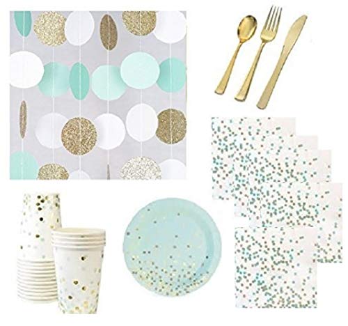 Mint and Gold Party Supplies Elegant Gold Foil Stamp DELUXE For 12 Guests Dessert Appetizer paper Plates, Napkins & Cups Gold Plastic Cutlery & Glittery String Decorations