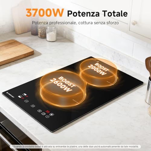 AMZCHEF 2 Burner Induction Plate with Continuous Heating, 10 Power Levels and Boost Function, Safety Lock and Timer, Overheat Protection, Built-in/Portable 3700W