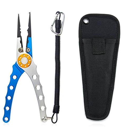 Technuv Multipurpose Saltwater and Corrosion Resistant Aluminum Needle Nose Fishing Pliers Hook Remover Braid Line Cutting and Split Ring with Coiled Lanyard and Sheath