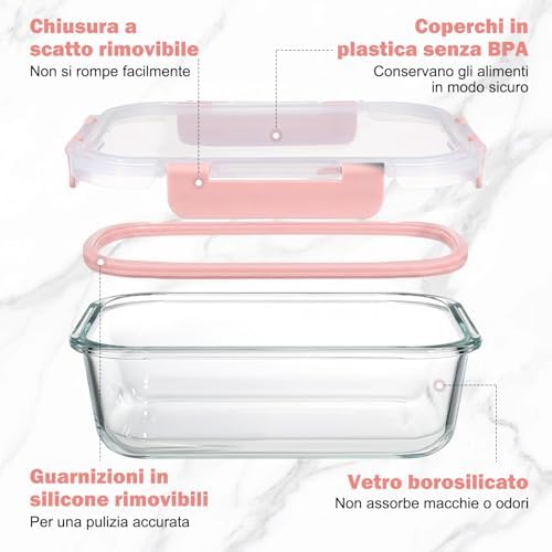 Set 10 Contenitori Vetro per Alimenti con Coperchi Ermetici, Senza BPA, Adatti a Microonde, Forno, Frigo e Congelatore, per Meal Prep, Rosa