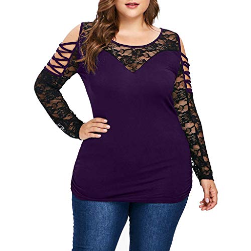 Blouse for Women Plus Size Elegant,SMALLE◕‿◕ Womens Fashion Criss Cross Cold Shoulder Splice Transparent Lace Blouse Purple