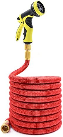 Top Strongest Brass Fitting Flexible Expanding Garden Hose on the Planet with Solid Brass Ends Double Latex Core Extra Strength Fabric 9' Function Spray Gun - Red 50ft