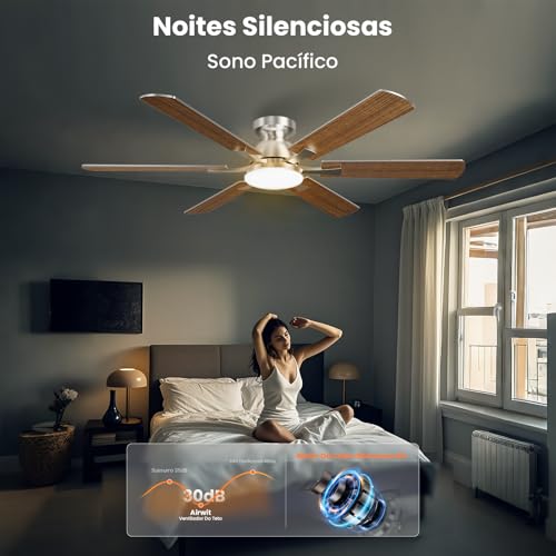 Ventilador de Teto com Controle Remoto, 127/2220V, 132.08cm, 6 Velocidades Função Reversa Luz LED 3 Cores com Memória Motor BLDC Silencioso