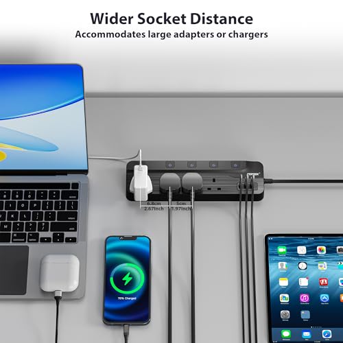 TOPREK 4 Plug Extension Lead with Ultra Wide Socket, Individual Switch 2 USB-A, 1 USB-C Extension Cable, 5m Extension Lead with USB Slots for Wall Mounting