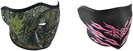 Bundle (2 Items): 1 ZanHeadgear 'Real Forest Camo' Half Face Neoprene Face Mask -AND- 1 Zan 'Pink Flames' Half Face Neoprene Face Mask, Ski Mask