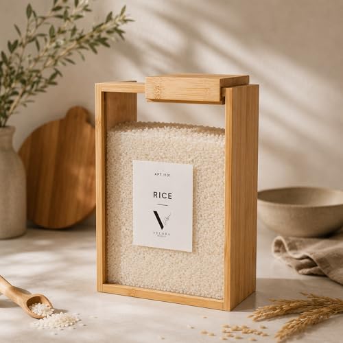 Velora World Bamboo 3L Food Dispenser for Kitchen – Airtight Food Storage Container with Writable Labels, Clear Cereal Dispenser for Rice, Flour, Pasta & Snacks, Space Saving Pantry Organizer