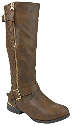Land99 Brown Dual Gold Decorative Zipper/Buckle Quilted Motorcycle Riding Knee High Boots-7.5