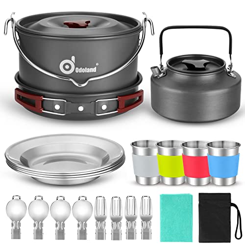 Odoland Set Pentole da Campeggio con Pentola, Padella, Bollitore da Campeggio, Tazze e Piatti in Acciaio Inox e Posate Pieghevoli - Pentole e Padelle Set da Campeggio