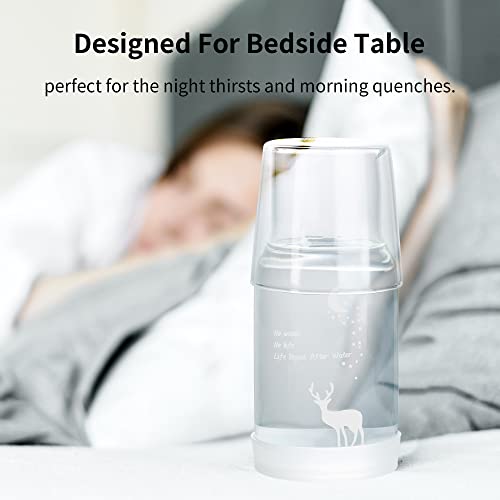 BTWD Bedside Water Carafe and Glass Set, Night Water Bediside Carafe with Glass Cup, Glass Mouthwash Dispenser for Bathroom, Nightstand Carafe with Silicone Coaster Glass Pitcher for Bedroom(18 OZ)