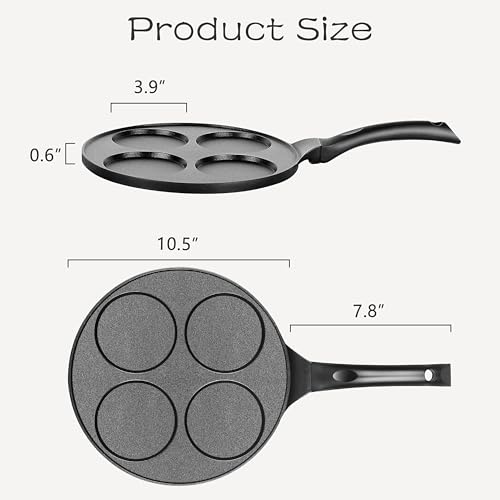 Pancake Pan with 4 Cups, 10.5 Inch Nonstick Mini Pancake Maker Griddle, PFOA-Free Coating for Easy Cooking and Cleaning, Black