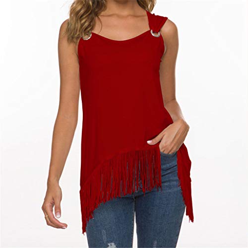 Cute Tops for Women,YEZIJIN Women's O-Neck Solid Sleeveless Tassel Hem Loose Tops Blouse Red