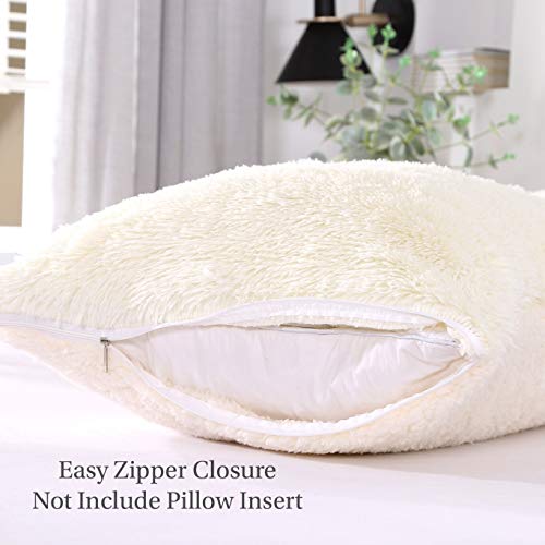 MooWoo Fluffy Pillowcase Standard Size Set of 2, Creamy White, Sherpa Shaggy Pillow Cases Decorative Covers with Zipper, 20"x30"